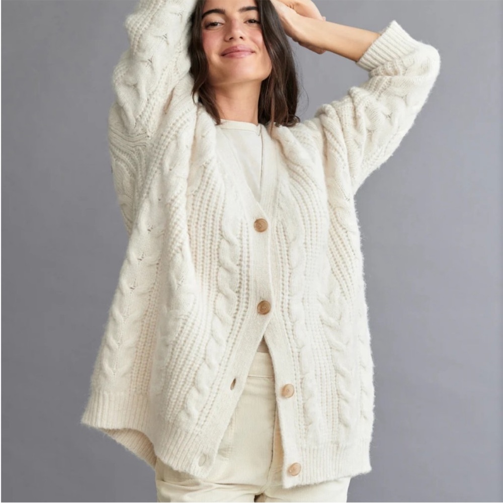 Jenni Kayne Cozy Cable Knit Button-Up Cocoon Cardigan - Cream, size: S